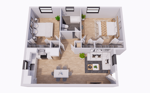 A 3D floor plan of a house with two bedrooms, a living room, a kitchen, and a bathroom.